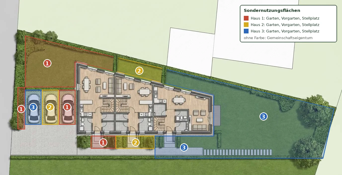 Triwald landscape plan with parking, front gardens and the gardens of the three houses